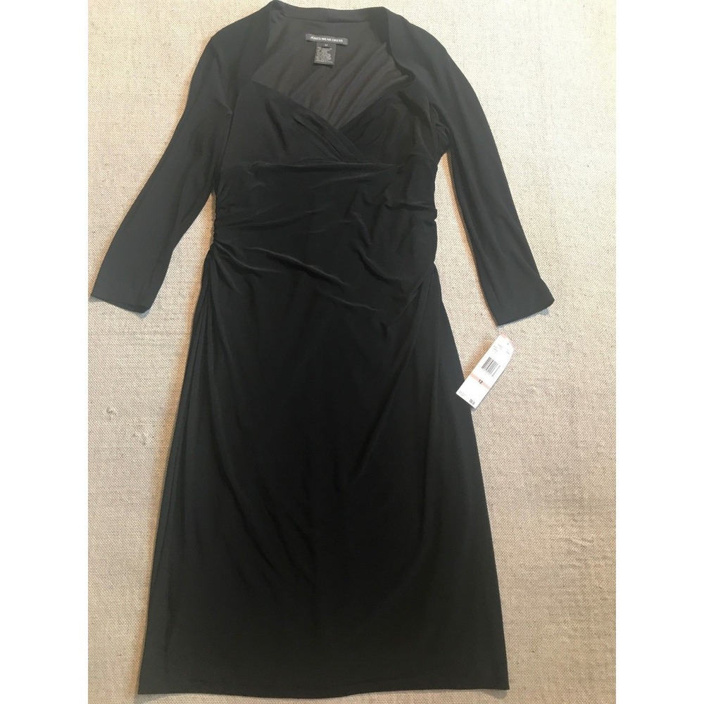 Jones Wear Women's Dress Size 12 Black 3/4 Sleeve Waist Ruching #1611